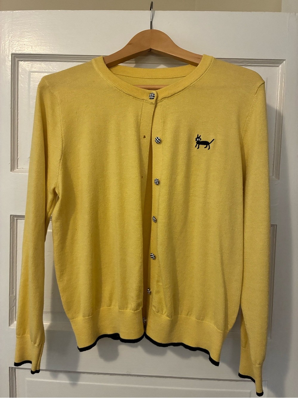 Yellow Women's Crewneck Cardigan with Black Cat Embroidery